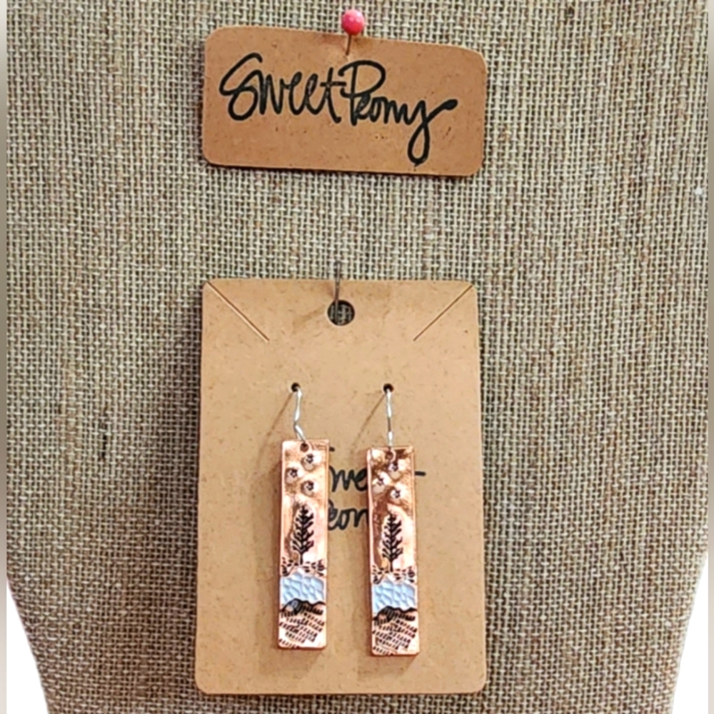 Copper Colored Embossed Rectangle Dangly Earrings - image 1